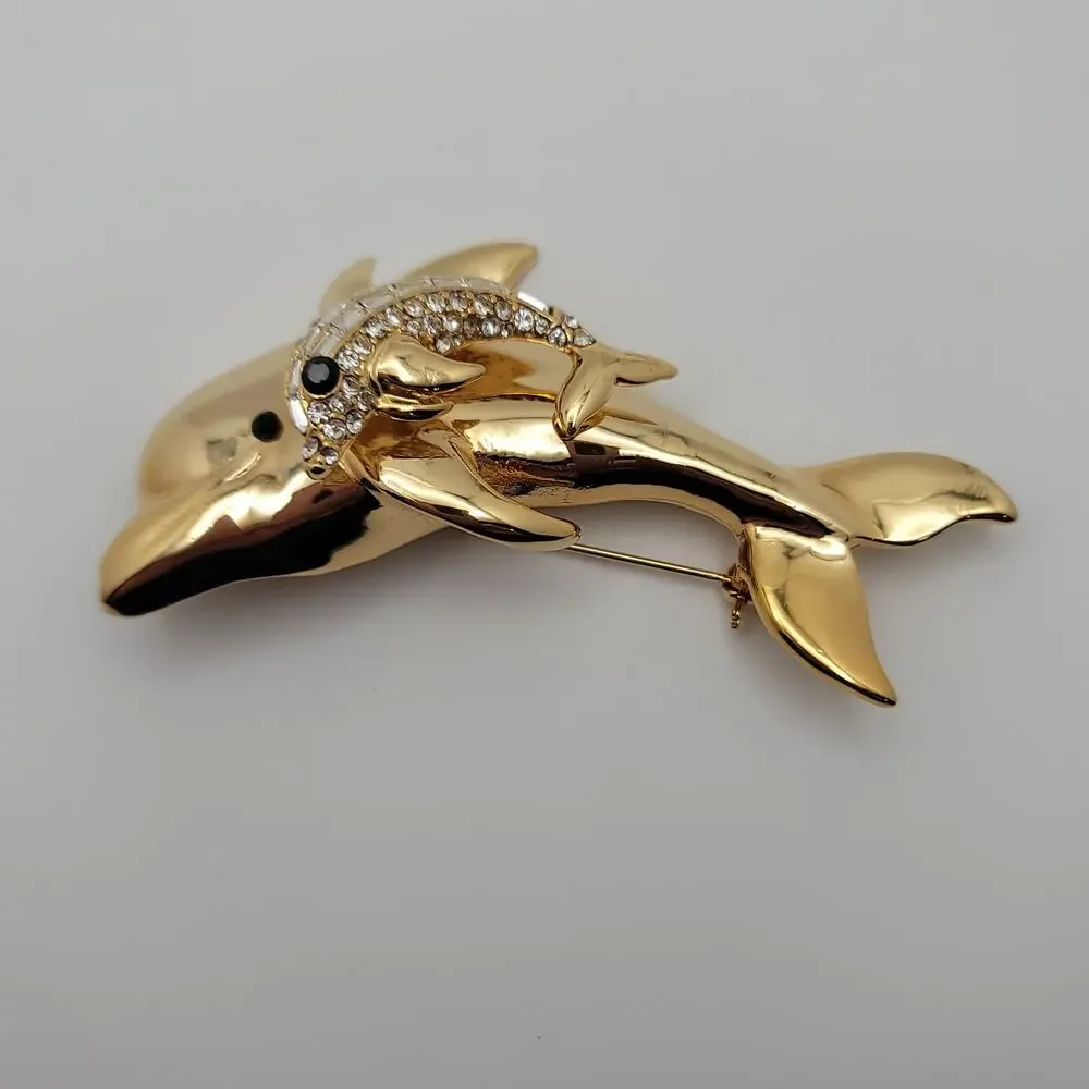 Vintage Gold-tone Dual Leaping Dolphins Trembler Baguette Round Rhinestones